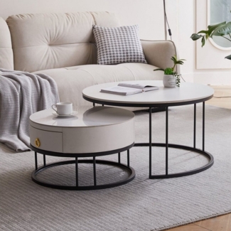 HAUSS SPOLE Couchtisch Satztisch Beistelltisch stapelbarer Sofatisch, mit Schubladen,Schiefer (aus robustem Schiefer und Metallbeinen), Weiß und Schwarz