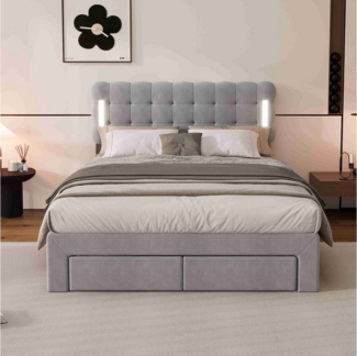 BlingBin Polsterbett 140x200cm Veloursbett Stauraumbett ohne Matratze (1-tlg, 4 Schubladen, mit gepolstert), mit Beleuchtung & Stauraum, Velvet Grau,Doppelseitige LED