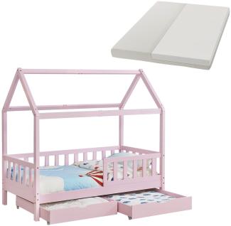 Juskys 'Marli' Kinderbett mit Matratze, Bettkasten, Rausfallschutz, Lattenrost & Dach - Massivholz Hausbett für Kinder - Bett in Rosa, 80 x 160 cm