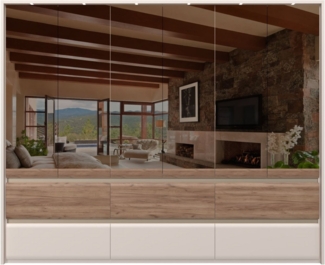 Places of Style Kleiderschrank Invictus, UV lackiert, FSC-zertifiziert, grifflose Optik (abgerundete Schubladen aus MDF im Holzdekor, soft-close) mit Beleuchtung, Türen komplett verspiegelt, hoher Schrank (226cm)