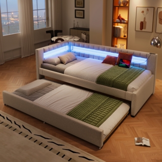 Merax Daybett Polsterbett 90x200cm mit Ausziehbarem Bett, Schlafsofa Tagesbett mit Ladefunkion & LED, Jugendbett Einzelbett Daybed, Leinen, beige