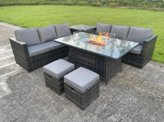 Fimous 8 Sitzer Lounge Rattan Gartenmöbel Set Gas Feuerstelle Esstisch Outdoor Feuertisch Sets Dunkelgrauer Hocker