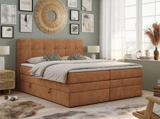 Boxspringbett mit Kopfteil und Topper, Polsterbett - LUKA-KING - 180x200cm - Orange Stoff - H3