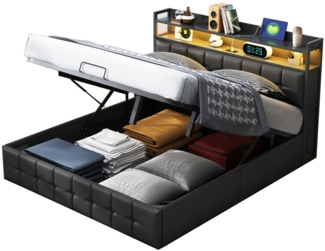 FUROKOY Polsterbett Doppelbett Stauraumbett Hydraulisch anhebbarer mit LED Beleuchtung, 140x200 cm,mit USB+Type C und Steckdose,Stauraum,Kunstleder,Schwarz