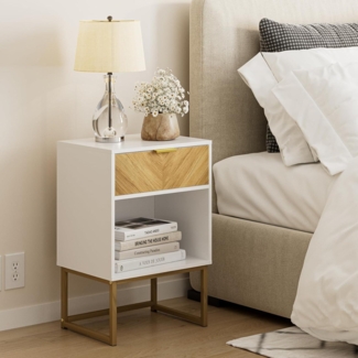 Weißer moderner Nachttisch mit Eichenschublade und Stauraum