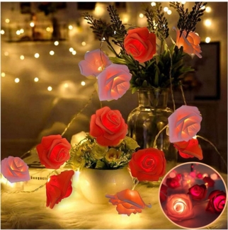 MUPOO LED-Lichterkette LED Nachtlicht 3M 20LEDs Girlande,Kunstblume Rose Warmweiß,Batterie, für Party Weihnachten,Blumengirlande Rose,LED Dekolicht