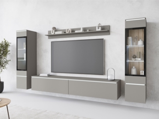 Wohnwand Doppo II, mit weißer LED Beleuchtung, Farbe: Cashmerebeige