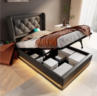 REDOM Polsterbett Jugendbett Bett Stauraumbett gepolsteres Bettgestell USB-Ladeanschluss (Stahlrahmen mit Hydraulisch anhebbarer Bettstauraum Holz-Lattenrost, 2-tlg, Kunstleder Einzelbett mit USB Typ-C Anschluss 90x200 cm mit Matratze), 3-seitige Farbw...