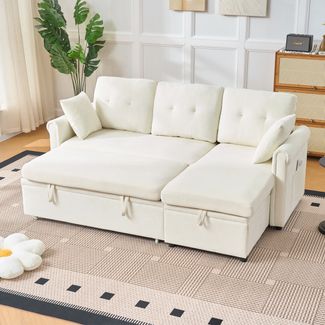 Flieks 3-Sitzer-Schlafsofa, Ecksofa mit Stauraum & Ausziehbett, L-Form Sofa aus Chenille für Wohnzimmer & Gästezimmer, Beige