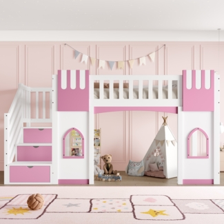 Merax Kinderbett 90 x 200 cm Hochbett Jugendbett Einzelbett mit Stauraumtreppe und Fenster, Weiß+Rosa