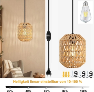 Jibenhome LED Pendelleuchte Rattan-Hängelampe mit Stecker, Dimmbar Boho-Hängeleuchte E27, Warmweiß, LED fest integriert, 5 m Kabellänge