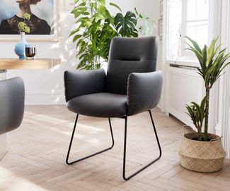 Esszimmerstuhl Jova-Flex mit Armlehnen Echt-Leder Schwarz Kufengestell Schwarz Taschenfederkern