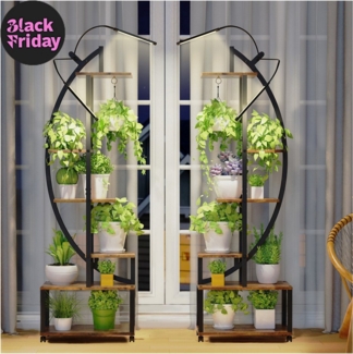 Sunicol Pflanzentreppe 6 Etagen Metall Blumenständer mit Pflanzenlicht, mit Abnehmbar Rädern, Halbmondförmiges großes Pflanzentreppe Für Indoor Balkon, 2 Stück
