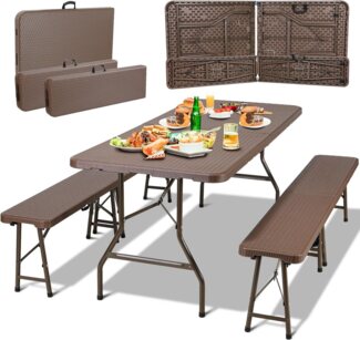 TLGREEN Bierzeltgarnitur Campingtisch, Pflegeleicht und tragbar, Klappbar 3-teilig Set, Gartenmöbel Set Wetterfest