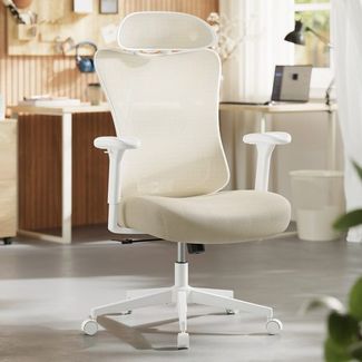 Bürostuhl, ergonomischer Schreibtischstuhl, Computerstuhl, Netzstuhl, verstellbare Lendenstütze und Kopfstütze, höhenverstellbar, beige