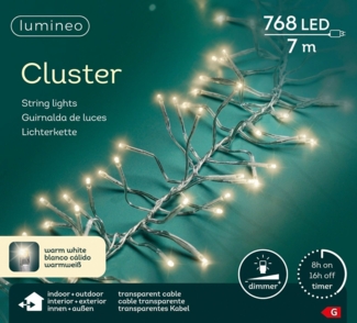 Lumineo LED-Lichterkette Lumineo Lichterkette CLUSTER 768 LED 7m warm weiß, transparentes Kabel, Indoor/Outdoor, dimmbar, 8h-Timer, + 5 m Zuleitung
