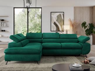 Ecksofa mit Bettfunktion, Modern Sofa, L-form, Einstellbare Kopfstützen, Bettkasten, PEDRO, 1x Ecksofa, 1x Topper, Dunkelgrün, Velours, links