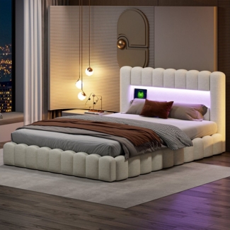 PXloue Polsterbett Modernes Polsterbett mit LED-Beleuchtung und USB-Anschluss, Komfortables Bett mit Stauraum und LED-Fernbedienung.