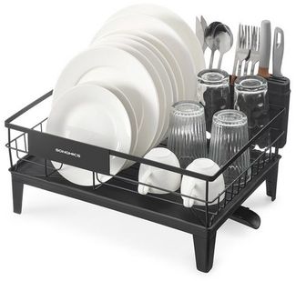 SONGMICS Abtropfgestell Geschirr, Geschirr-Abtropfständer, 360° drehbarer und ausziehbarer Ablauf, Abtropfschale, Besteckhalter, Küche, 31 x 42 x 18,5 cm