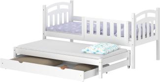 WNM Group Kinderbett Ausziehbar mit Rausfallschutz Suzie - aus Massivholz - Ausziehbett für Mädchen und Jungen - Bett mit Schublade - Funktionsbett 180x80 / 170x80 cm - Weiß