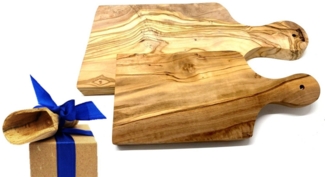 Olivenholz-erleben Frühstücksbrett 2er Set Schneidebrett mit Griff aus Olivenholz, Massivholz, (Set, 2-St, 2x Schneidebrett, plus Überraschung), praktische Griffe sorgen für eine einfache Handhabung
