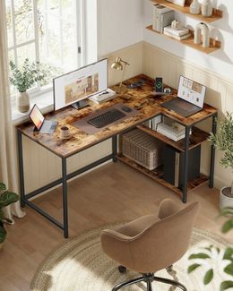 VASAGLE Schreibtisch Eckschreibtisch in L-Form, Computertisch mit Stauraum, Bürotisch, höhenverstellbare Ablage, für Homeoffice, 110/120 cm