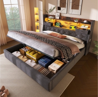 STILVORA Polsterbett 160x200 mit Schwebebett,Jugendbett Bettgestell mit LED&Ladestation (Struraumbett, Funktionsbett, 1-tlg, Grauer Leinenstoff, 160x200 cm, ohne Matratze), mit LED-Kopfteil, 4 Ladestation (USB/Type-C), Inkl. Lattenrost