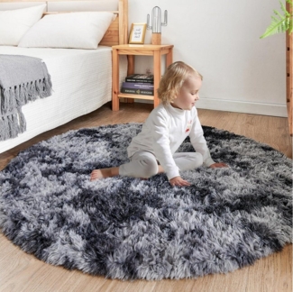 LuxusKollektion Hochflor-Teppich Plüsch Teppich Rund Dunkelgrau Ø 120 cm Wohnzimmer Kinderzimmer
