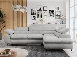 Ecksofa mit Bettfunktion, Modern Sofa, L-form, Einstellbare Kopfstützen, Bettkasten, PETER, 1x Ecksofa, 1x Topper, Hellgrau, Velours, rechts