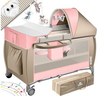 KIDIZ® Babybett Reisebett Kinderreisebett Faltbar mit Matratze 120x60, Seiteneingang, Wickelauflage, Mosktionetz, Spielbogen & Tragetasche Baby Beistellbett Kinderbett ab Geburt bis 15 kg Rosa / Beige