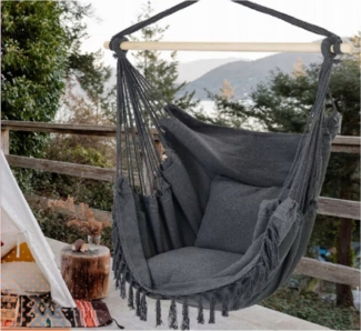 QLS Hängesessel 130x100 cm mit 2 Kissen bis 200 kg Graphit, Hängestuhl Boho-Stil 130x100 cm