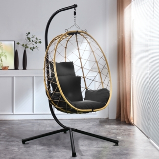 Luxus Hängesessel NEW XXL Gestell Schwarz mit Korb Natur und Kissen Dunkel Grau