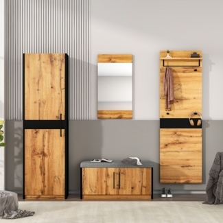 Merax Garderoben Set 4-teilig mit Spiegel und Sitzbank , Garderoben Set, Garderobenmöbel,Garderoben-Set, Stylishe Kompaktgarderobe mit 4 Kleiderhaken, Stangen und Ablage, Praktischer Wandgarderobe