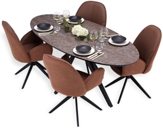 Esstisch mit 4 Stühlen Set Essgruppe Polsterstühle Drehbar Bouclé Leder Braun Esszimmertisch Oval Metall Schwarz
