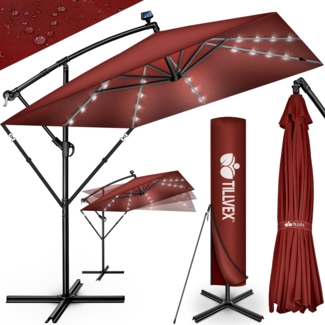 tillvex® Alu Sonnenschirm Rechteckig Ø 330 cm mit LED Solar Rot + Abdeckung mit Kurbel | Ampelschirm mit Ständer & Windschutz | Gartenschirm UV-Schutz, wasserdicht, 360° drehbar | Kurbelschirm Marktschirm