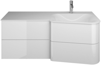 Burgbad BADU Waschbecken mit Unterschrank 122 cm breit, Weiß, Waschbecken Gussmarmor Weiß Samt, Ablage links, 4 Schubladen