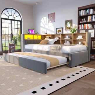 Polsterbett 90x200 cm mit Ausziehbett 90x190 cm, Flanell, mit LED und Stauraum