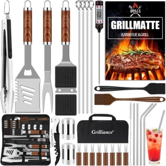 LuxusKollektion Grillbesteck-Set, 30-teilig, Edelstahl silber / Holz natur