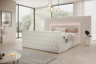PROMETO Möbel Boxspringbett Doppelbett mit Matratze, Schubladen TV-Lift LED Beleuchtung, inkl. 7-Zonen-Taschenfederkernmatratze, TV-Lift im Fußteil, Topper