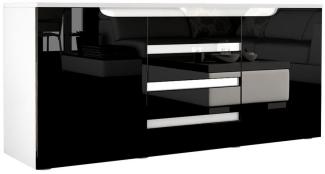 Sideboard Kommode Sylt V1, Korpus in Weiß matt / Front in Schwarz Hochglanz mit Absetzungen in Weiß Hochglanz (139 x 72 x 35)