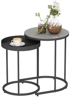 HOMCOM Beistelltisch mit Tablett-Design, Metallgestell (2er Set Wohnzimmertisch, 2-St, Runder Couchtisch), für Wohnzimmer Grau