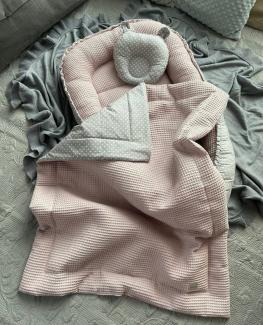 Loolay Bettnestchen WAFFELPIQUE Baumwolle BABYNEST Babykokon Neugeborene Babyaustattung, (Reisebett Nestchen SOLO/ o. in Geschenk SETS, 3-tlg, 4 Jahreszeiten ATMUNGSAKTIVER ROSA WAFFELSTOFF), 100% Europäische Stoffe und Kleinserien-Handnähen!