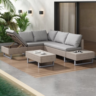 Merax Gartenlounge-Set für 5 Personen mit verzinkten Stahlrahmen und Kissen, (3-tlg, 1 2-Sitzer-Bank, 1 3-Sitzer-Ecksofa, 1 Couchtisch), Gartenmöbel Set Polyrattan, Balkonset, Sofagarnitur, Sitzgruppe