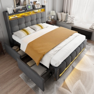 HAUSS SPOLE Polsterbett 160x200 mit LED-Beleuchtung, USB-Steckdose, 4 Schubladen, Leinen Grau (Funktionsbett mit LED-Beleuchtung, USB-Steckdose, Stauraum und 4 Schubladen, 160 x 200 cm), ohne Matratze