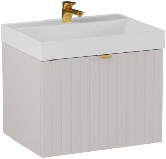 BADEDU ESLA Waschbecken mit Unterschrank 59 cm breit, Grau, Waschbecken Gussmarmor Weiß