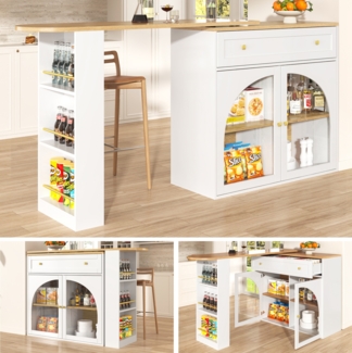 Bartisch, Ausziehbarer Hochtisch mit Stauraum 360° drehbar moderner Bar Table mit Regalen und Glas, MDF+Metall+Glas, Weiß, 138-204x39x104cm