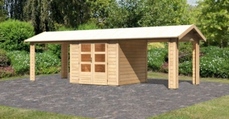 Gartenhaus Theres 3 - 244x244 cm plus 2 Dachausbauelemente, 28 mm Holz naturbelassen, Karibu