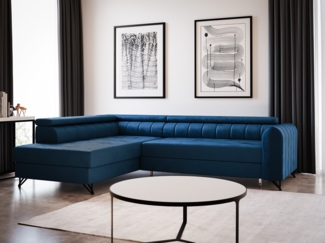 Ecksofa Alice mit Schlaffunktion und Bettkasten, Wohnlandschaft mit einstellbare Kopfstützen, Couch, Sofa, Bettsofa, Schlafsofa (Blau (Kronos 09), Ecksofa Links)