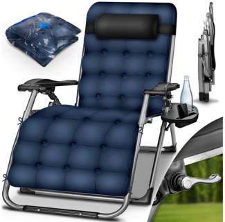 tillvex® Liegestuhl klappbar bis 200 kg Navyblau | Sonnenliege wetterfest für Balkon, Garten & Terrasse | Outdoor Liege verstellbar mit dickem Polster | Relaxliege mit Nackenkissen, Getränkehalter & Auflage
