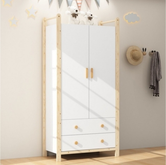 Flieks Kleiderschrank 2-türiger Garderobe mit Kleiderstange und 2 Schubladen 90×44×180cm